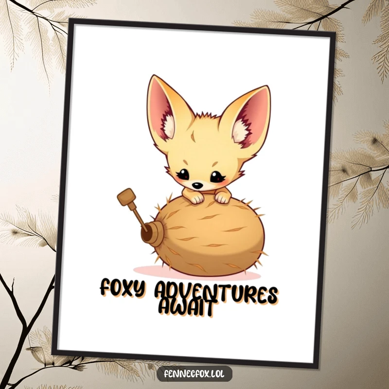 Funny digital art print of a fennec fox kit with comically large ears playfully pouncing on a tumbleweed.