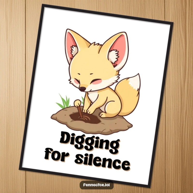 Funny fennec fox digital art print of a character playfully digging a shallow hole, capturing a moment of joy.