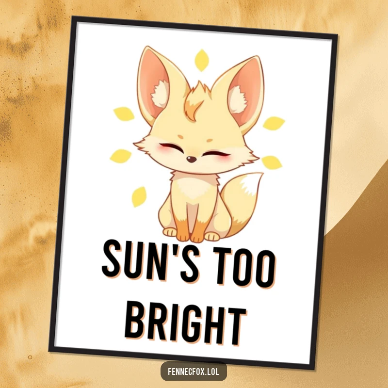 Funny fennec fox digital art print, showing the character slowly blinking against a bright sun, highlighting its large ears and relaxed expression.