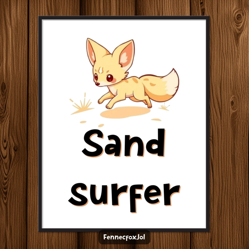 Funny digital art print of a fennec fox character scampering across a sandy landscape, ideal for printable wall decor with a desert, animal, and humorous theme.