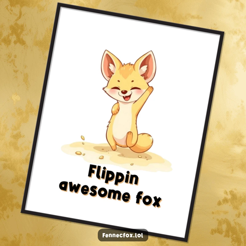 Funny fennec fox digital art print of a character joyfully somersaulting in golden sand, conveying energy and playfulness.