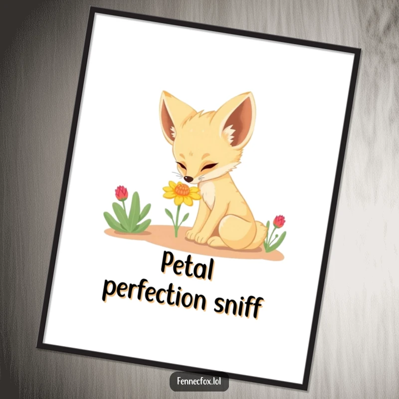 Funny Fennec Fox Digital Art Print: A high-resolution illustration of a fennec fox curiously sniffing a small desert flower, ready for immediate download and printing.