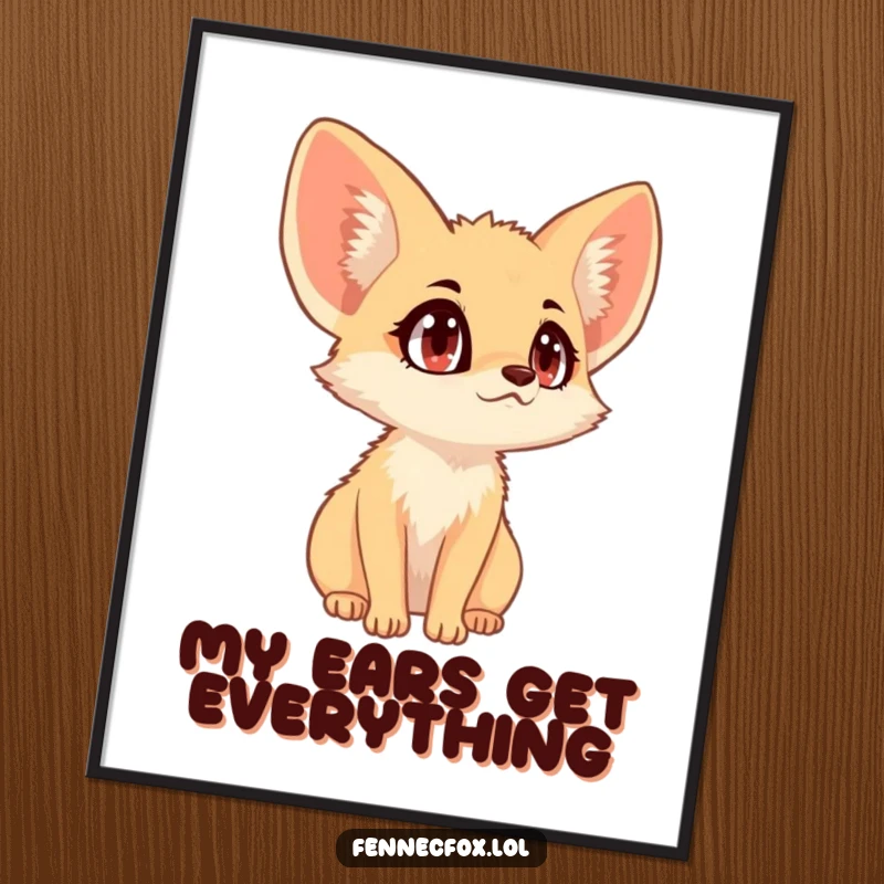 Funny fennec fox with wide eyes, large alert ears, intently listening, printable desert humor art.