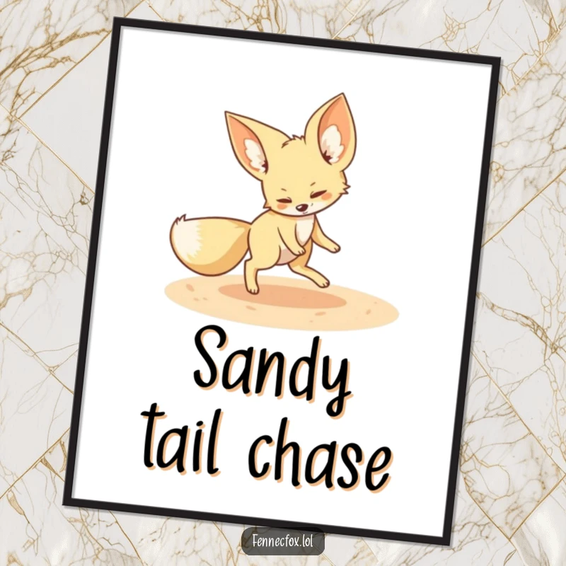 Funny fennec fox digital art print of a playful fennec fox chasing its tail in a sandy circle, for instant desert wall decor.