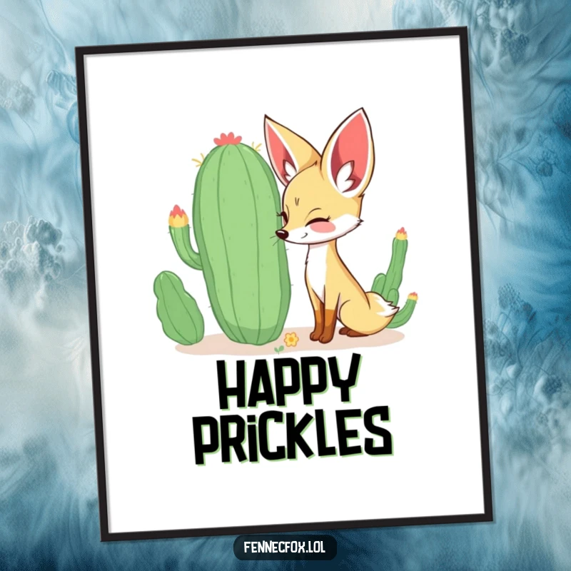 Funny curious fennec fox sniffing a large, whimsical cactus with a happy expression, as high-resolution digital art. A funny and charming printable.