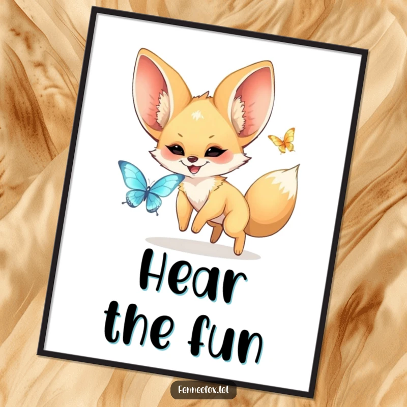 Funny kawaii fennec fox with huge ears joyfully chasing a shimmering butterfly, as high-resolution digital art. A funny and charming printable.