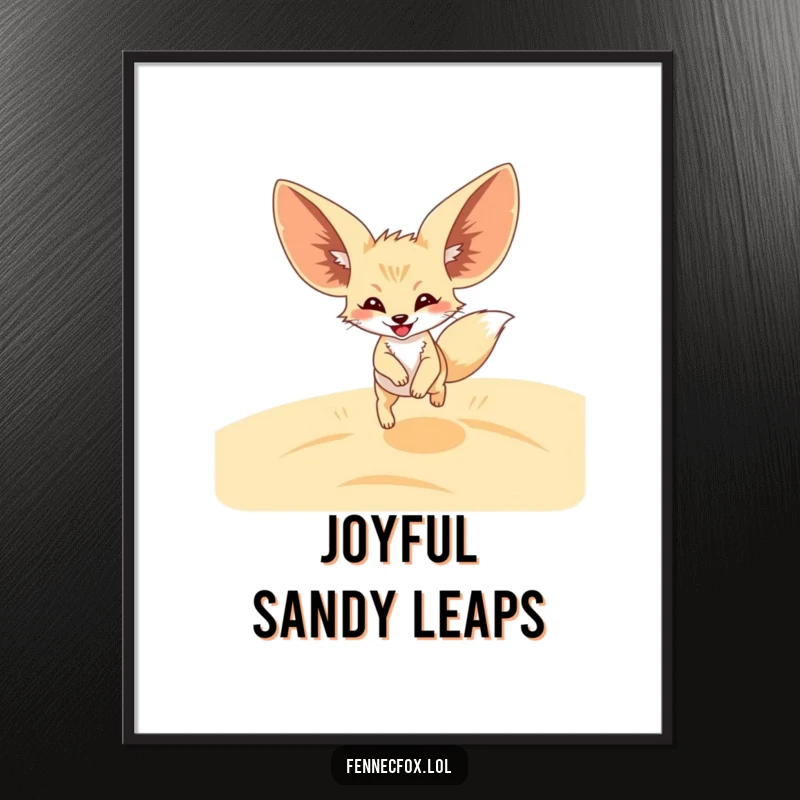 Funny Fennec Fox Digital Art Print of a happy fox with enormous ears joyfully leaping across sandy desert dunes. High-resolution, vibrant, humorous.