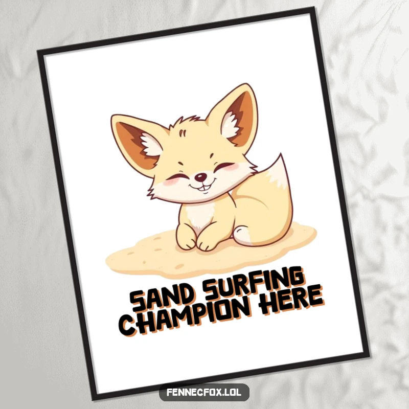 Funny Fennec Fox digital art print of a mischievous fox joyfully rolling in soft desert sand.