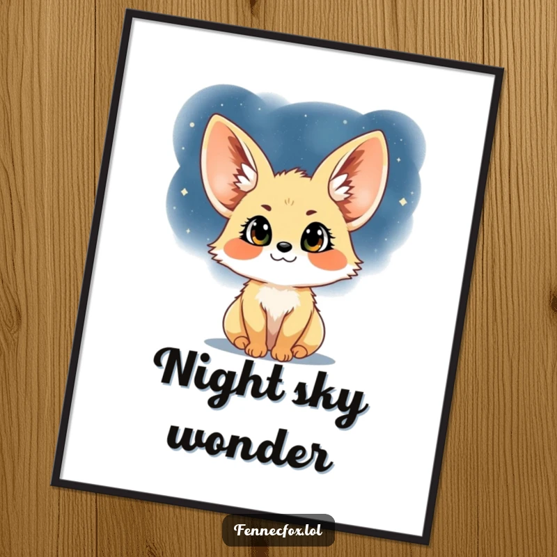 Funny Fennec Fox Digital Art Print: A downloadable illustration of a happy fennec fox looking up at a breathtaking starry night sky, ready for printing.