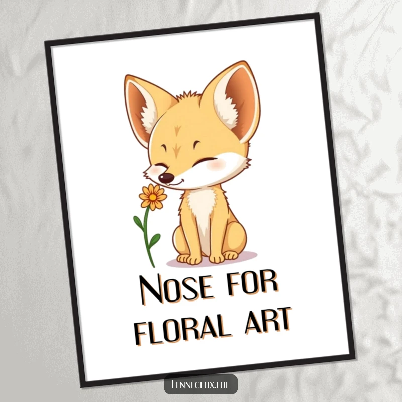 Funny Fennec Fox digital art print of a cute fox delicately balancing a small desert flower on its nose.
