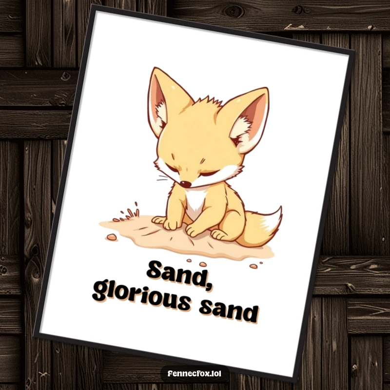 Funny digital art print of a fennec fox with large ears playfully digging in the sand with a determined expression, ready to be framed.