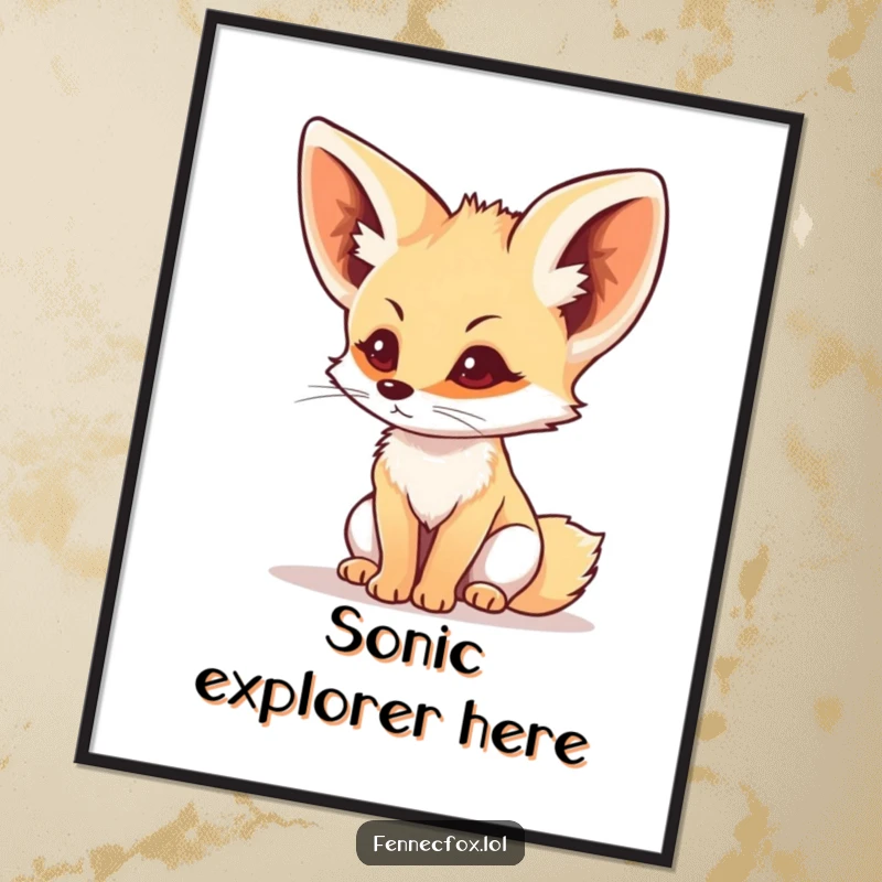 Funny fennec fox with ears perked, listening intently to a distant sound, offered as a digital art print for instant humor.