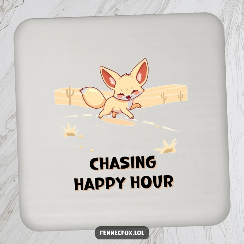 Funny Fennec Fox Coaster featuring a playful fox with large ears chasing a shimmering desert mirage. Protects surfaces with humor.