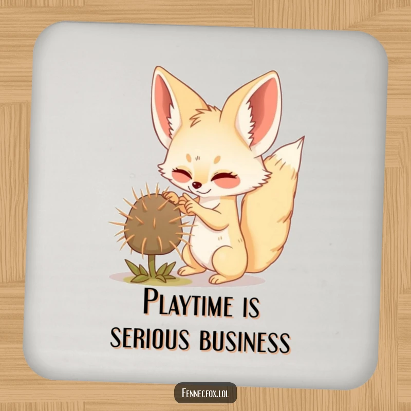 Funny Fennec Fox coaster showing a playful fox batting a tumbleweed, protecting tables with humor.