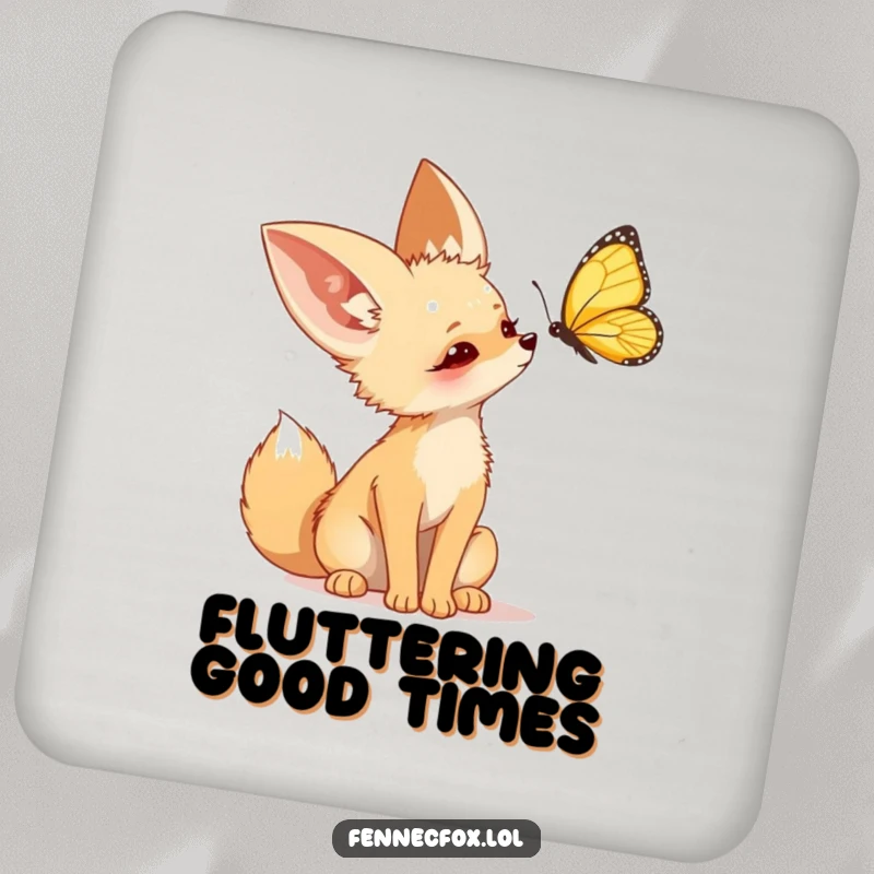 Funny Fennec Fox Coaster set featuring a cute desert fox tilting its head curiously at a butterfly, adding charm to tables.
