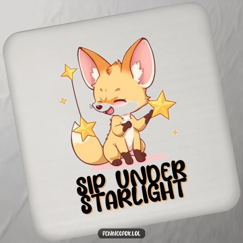 Funny drink coaster featuring a fennec fox batting at a sparkling desert star, adding magical charm to any table.