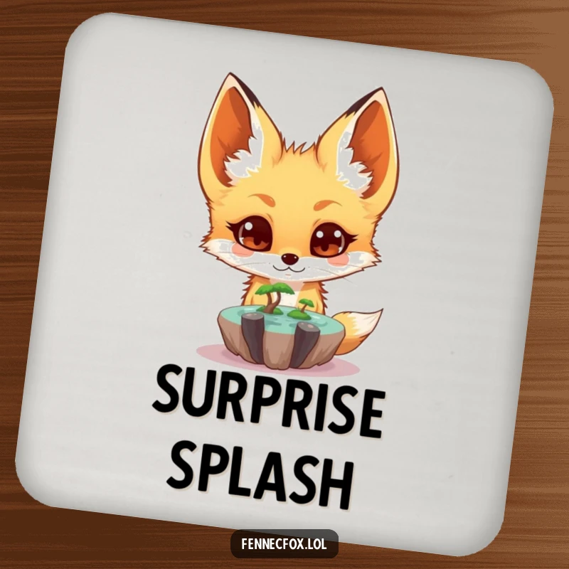 Funny fennec fox drink coaster showing a surprised character looking at a tiny floating oasis, perfect for adding magic to tabletops.