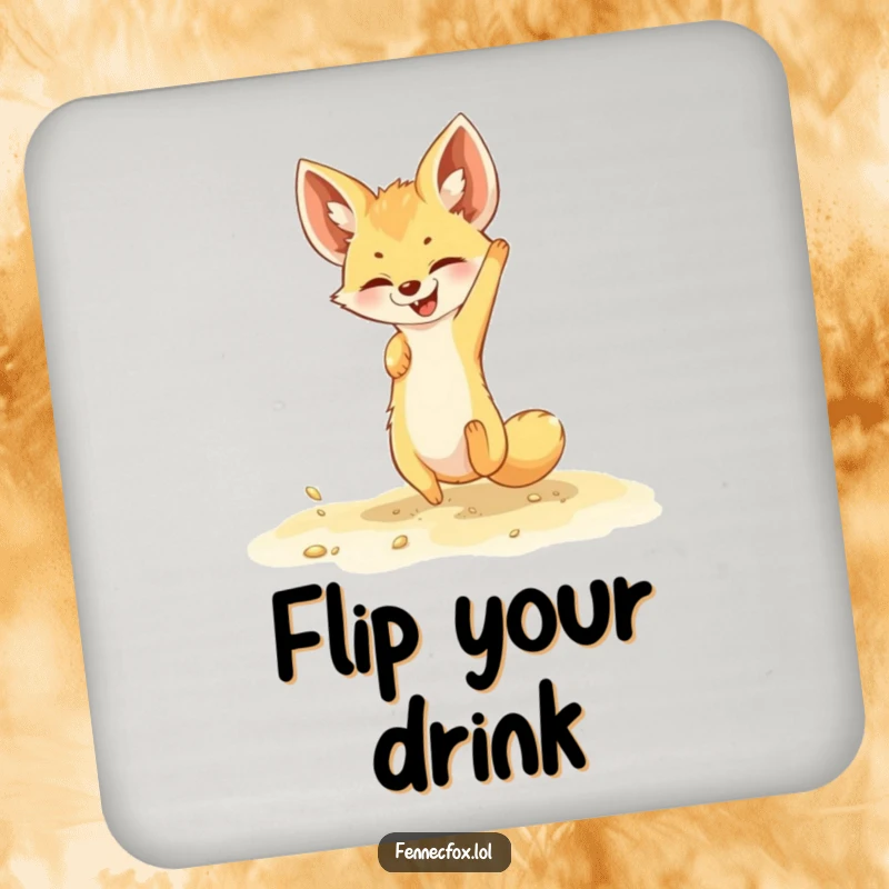 Funny fennec fox drink coaster showing a playful character somersaulting in golden sand, perfect for adding fun to tabletops.