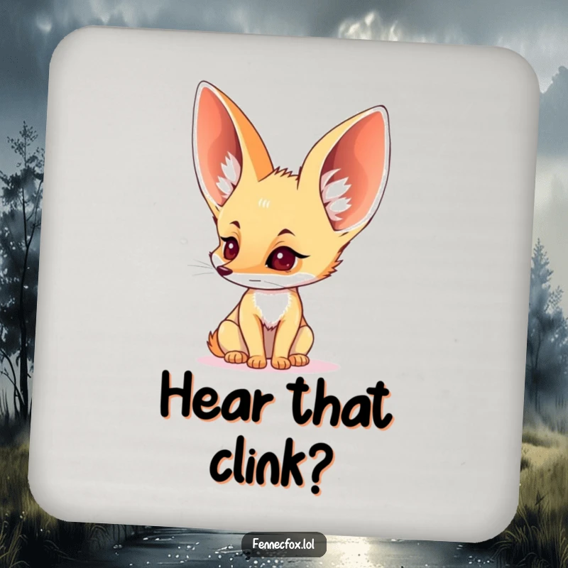 Funny drink coaster with a fennec fox’s enormous ears perked, listening intently, protecting surfaces.