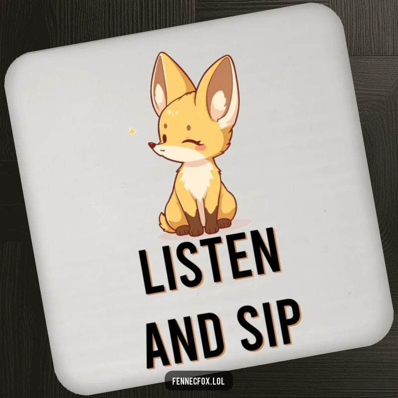 Funny drink coasters depicting a Fennec fox character listening intently to a distant sound, adding desert charm.