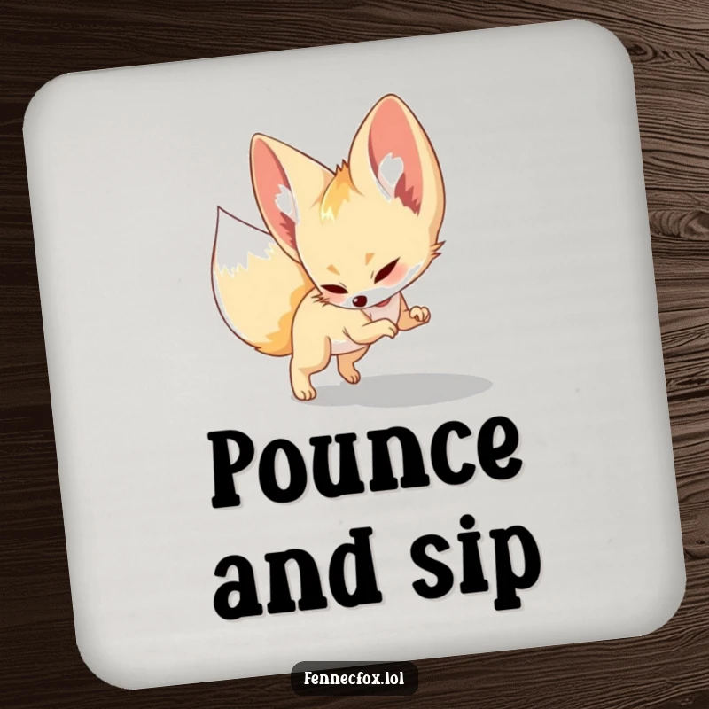 Funny Coasters, a fennec fox playfully pouncing on its shadow, protecting surfaces with cute and humorous charm.