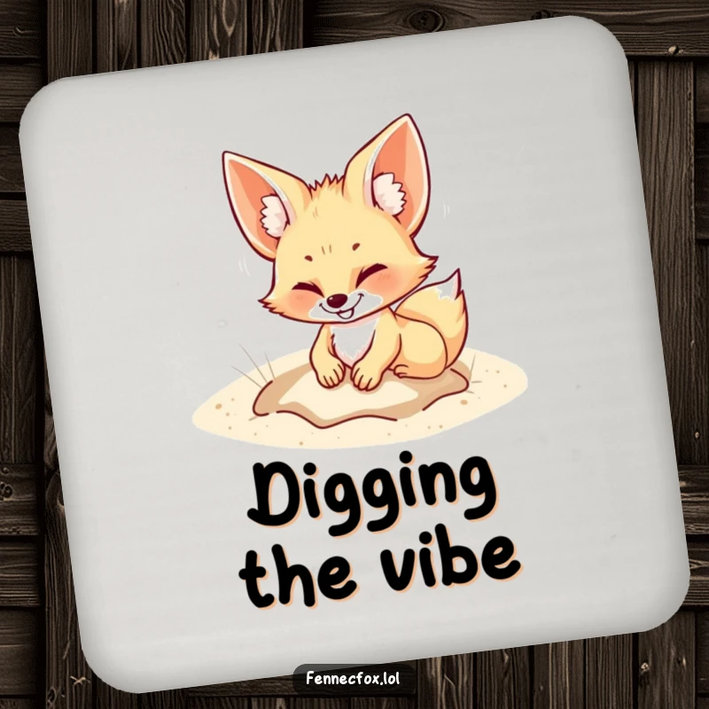 Funny Drink Coaster featuring a fennec fox grinning while digging in the sand, adding a humorous and protective element to any table.