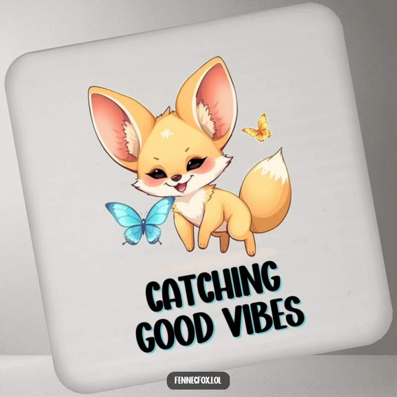 Funny kawaii fennec fox with enormous ears joyfully chasing a shimmering butterfly, printed on a protective drink coaster. A funny home accessory.