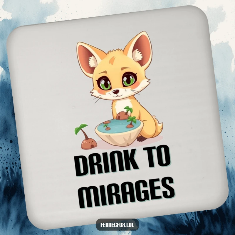 Funny surprised fennec fox with wide eyes observing a tiny, floating oasis, printed on a protective drink coaster. A funny home accessory.
