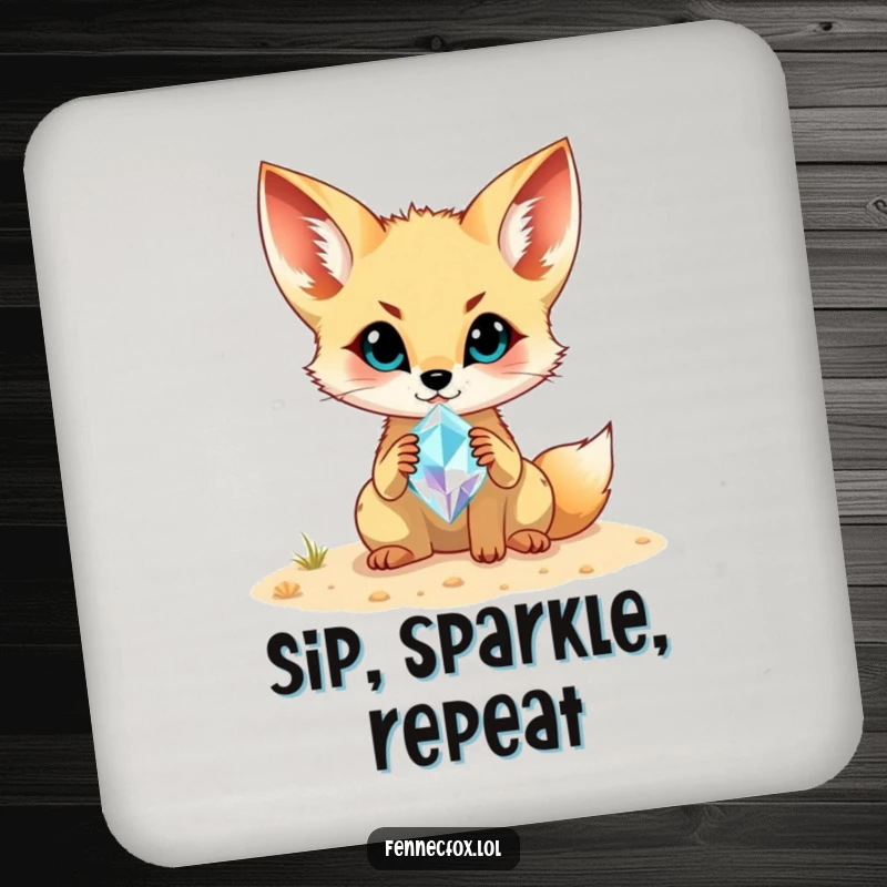 Funny Fennec Fox Coaster: Features a fennec fox holding a dazzling gemstone found in the sand, adding charm to your table.
