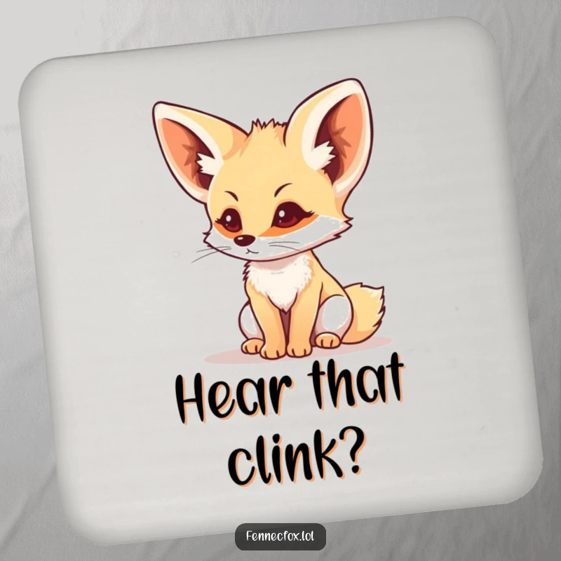 Funny fennec fox with perked ears listening intently, on a drink coaster, adding a humorous element to tabletops.