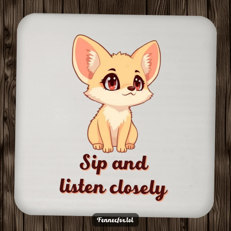 Funny fennec fox with wide eyes, alert ears, listening attentively, humorous drink coasters.