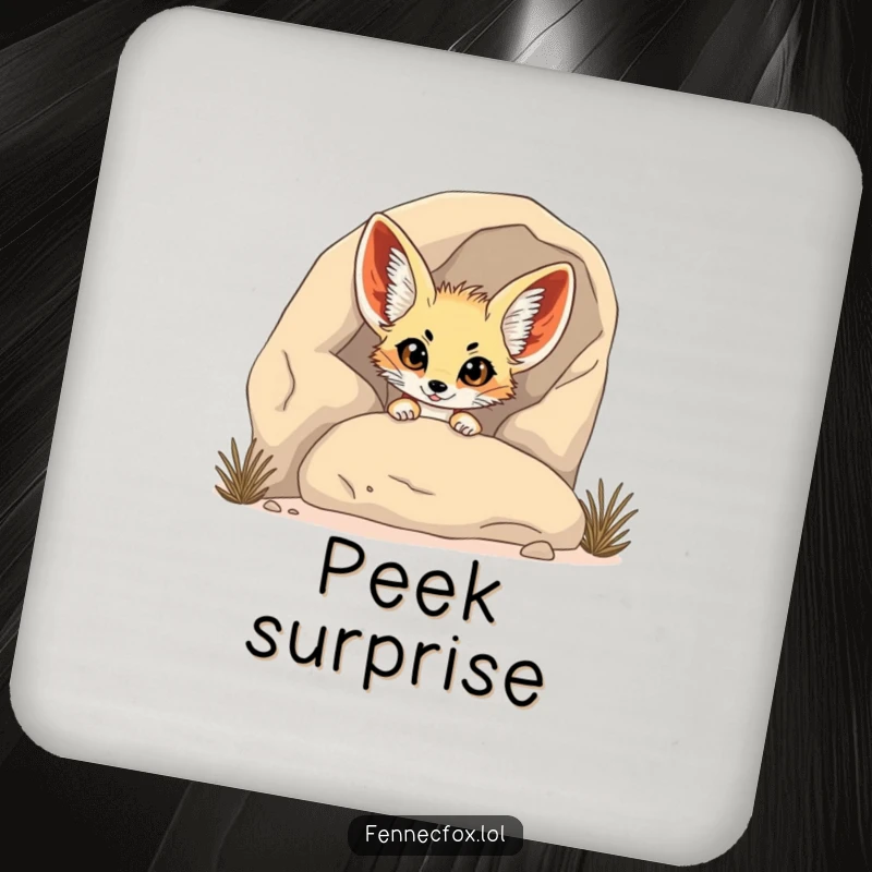 Funny Fennec Fox Coaster: A fennec fox humorously peeks from behind a rock, adding a funny and decorative touch.