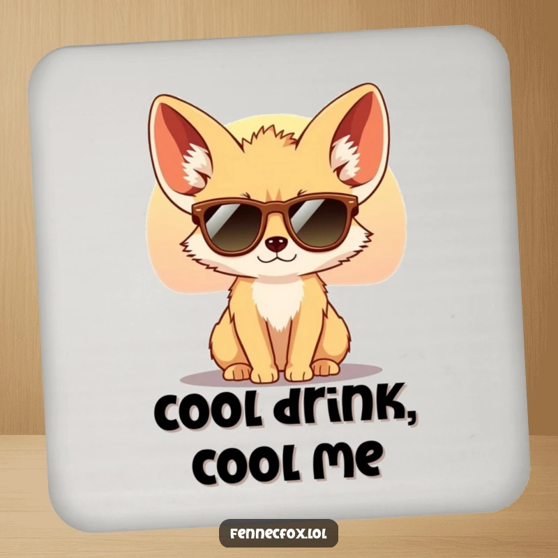 Funny Fennec Fox Coaster featuring a cool fox with large ears wearing tiny sunglasses, looking at a desert sunset. Protects surfaces with humor.