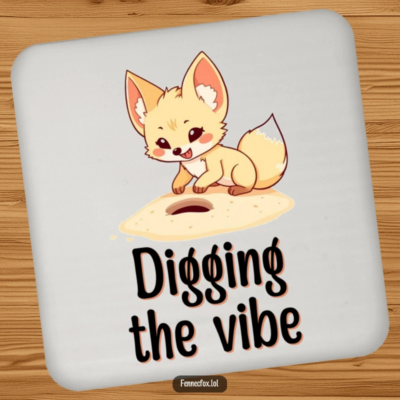 Funny fennec fox coasters depicting a cartoon desert fox digging enthusiastically in sand, protecting furniture with humor and energy.