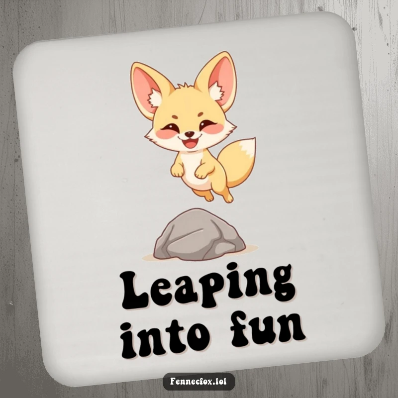 Funny fennec fox coasters depicting a cartoon desert fox happily leaping over a small rock, protecting furniture with humor.