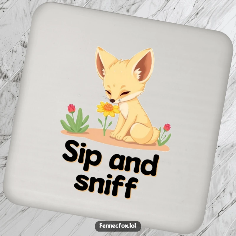 Funny Fennec Fox Coasters: A set of charming coasters showcasing a fennec fox curiously sniffing a desert flower, preventing drink rings with style.