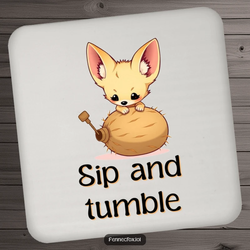 Funny drink coaster depicting a fennec fox kit with comically large ears pouncing on a rolling tumbleweed.