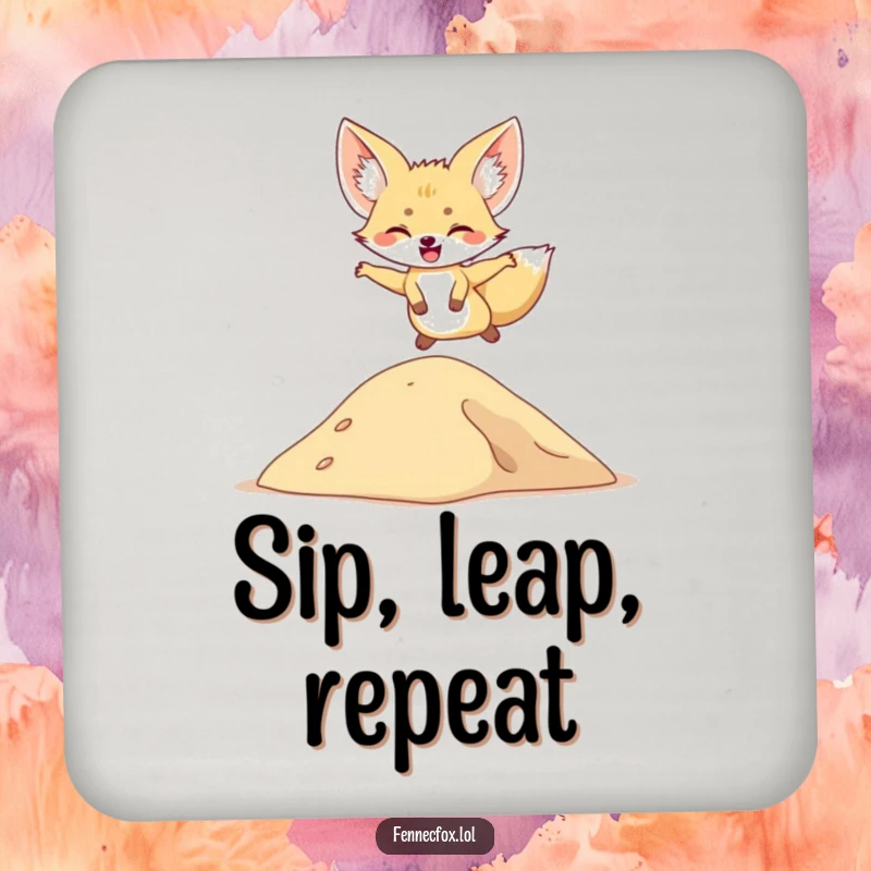 Funny drink coaster featuring a fennec fox leaping over a sand dune, adding playful desert charm to any table.