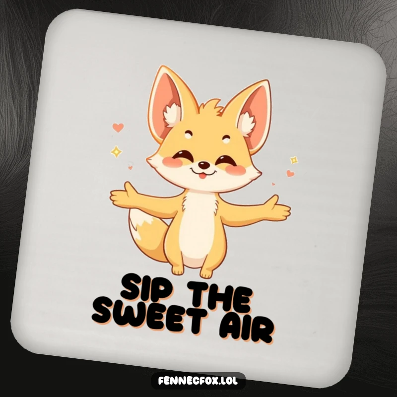 Funny fennec fox coaster, showing the character with arms open, embracing a gentle breeze, large ears prominent, protecting surfaces.