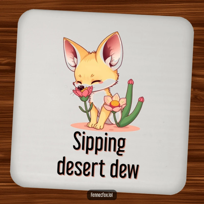 Funny Drink Coaster featuring a fennec fox sniffing a desert flower, adding a humorous and protective element to any table.