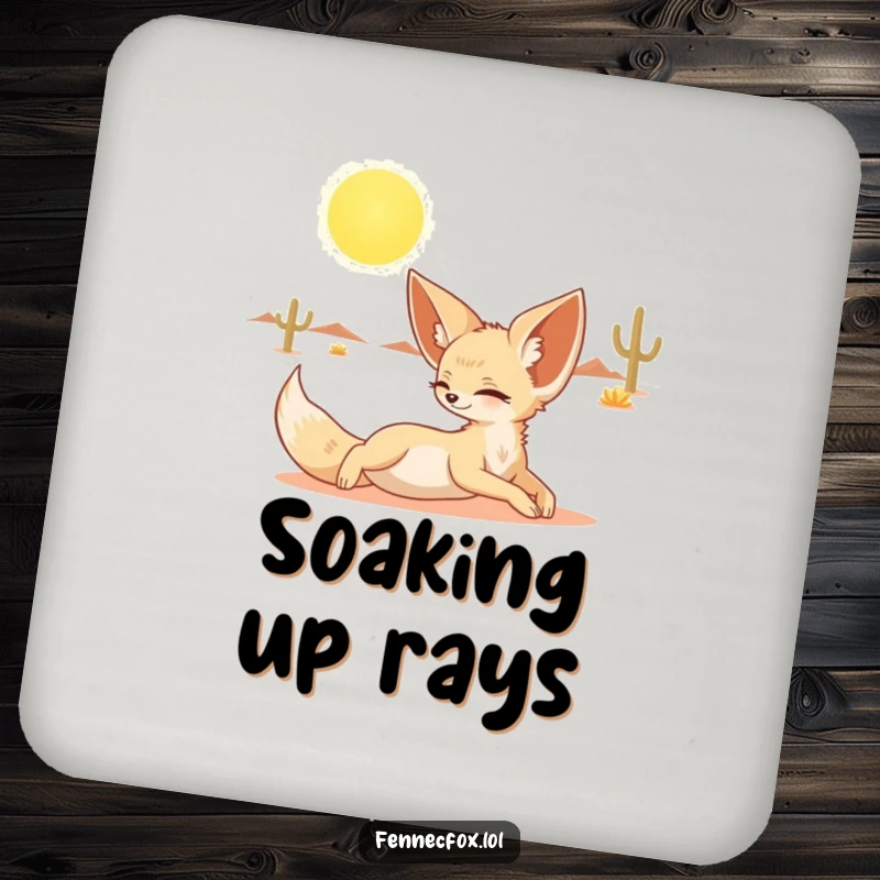 Funny drink coaster showing a fennec fox stretching under the desert sun, adding cute desert art.