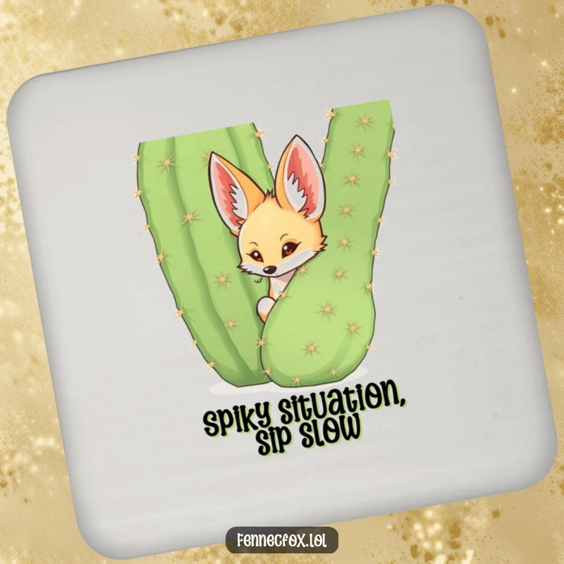 Funny fennec fox peeking from behind a spiky cactus on drink coasters, desert theme, humorous housewarming.