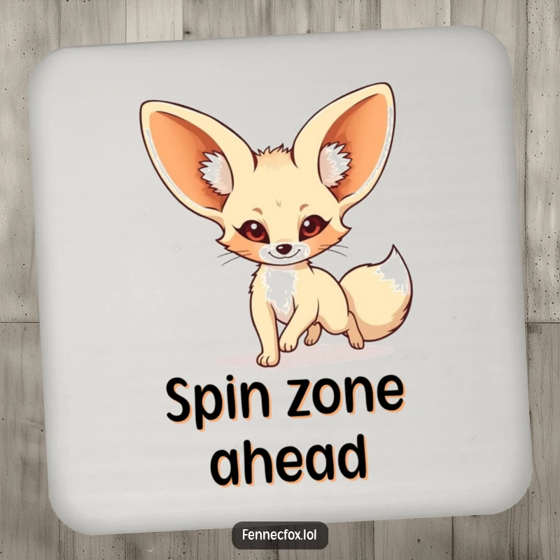 Funny fennec fox coasters featuring a cartoon desert fox endlessly pursuing its tail, protecting furniture with humor.