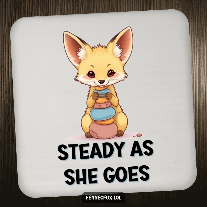 Funny Fennec Fox Coaster set featuring a cute desert fox balancing a stack of colorful pebbles on its nose, protecting surfaces with humor.