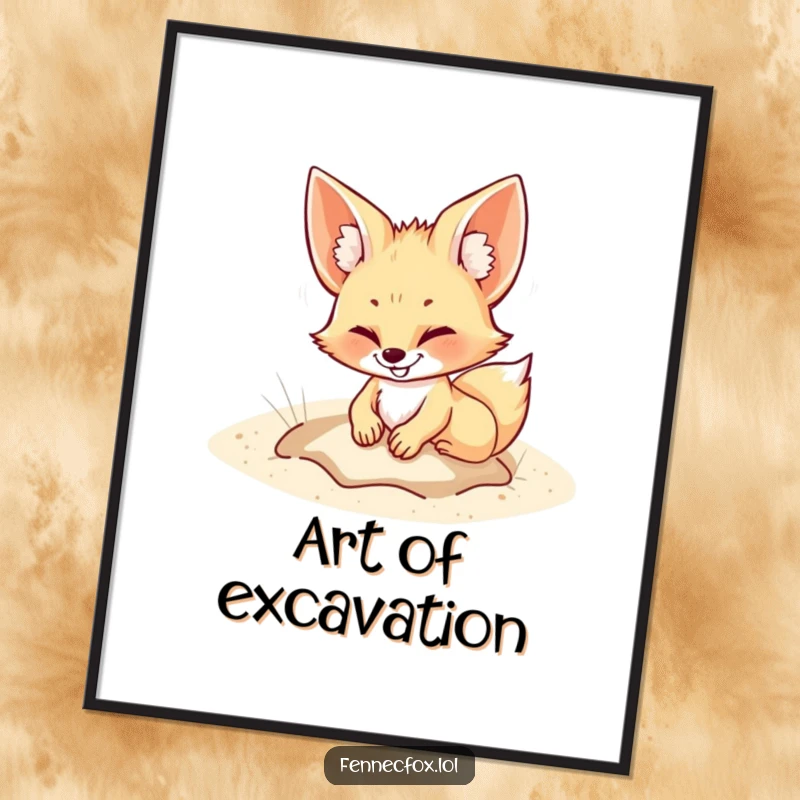 Funny Poster art of a fennec fox grinning while digging a hole in the sand, capturing pure fun and playful mischief.