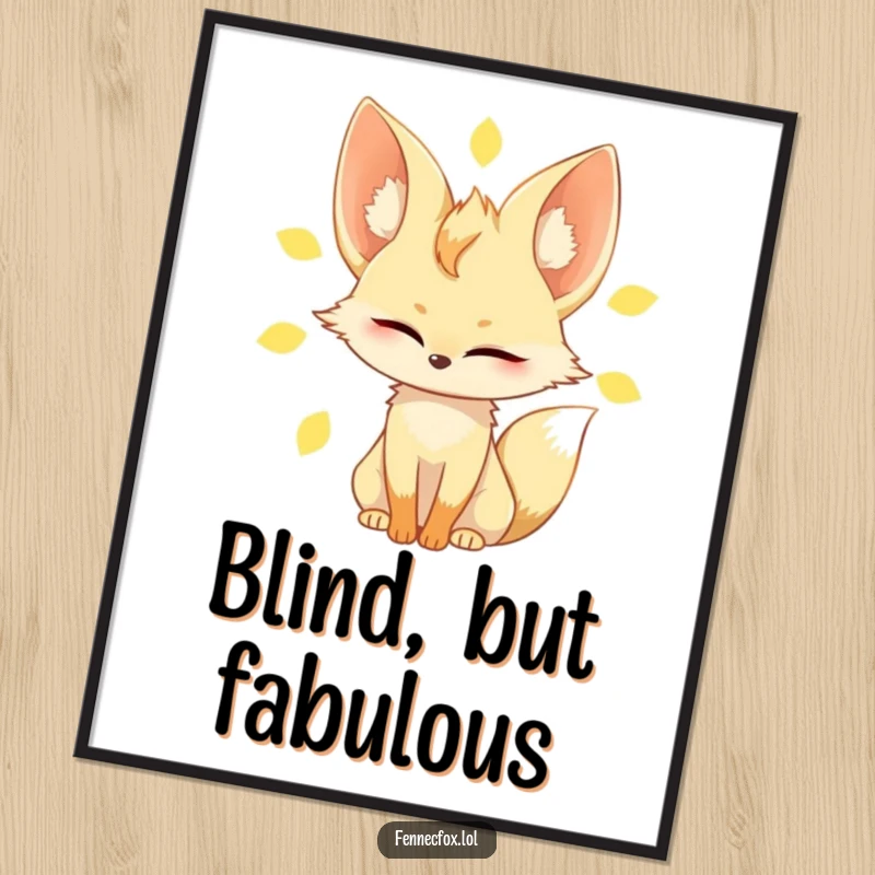 Funny fennec fox poster, a close-up of the character slowly blinking under a strong sun, highlighting its large ears and relaxed expression.