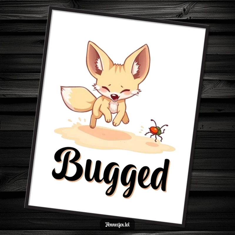 Funny Fennec Fox Poster: A fennec fox humorously chases a shimmering beetle across the sand, creating a funny and joyful display.