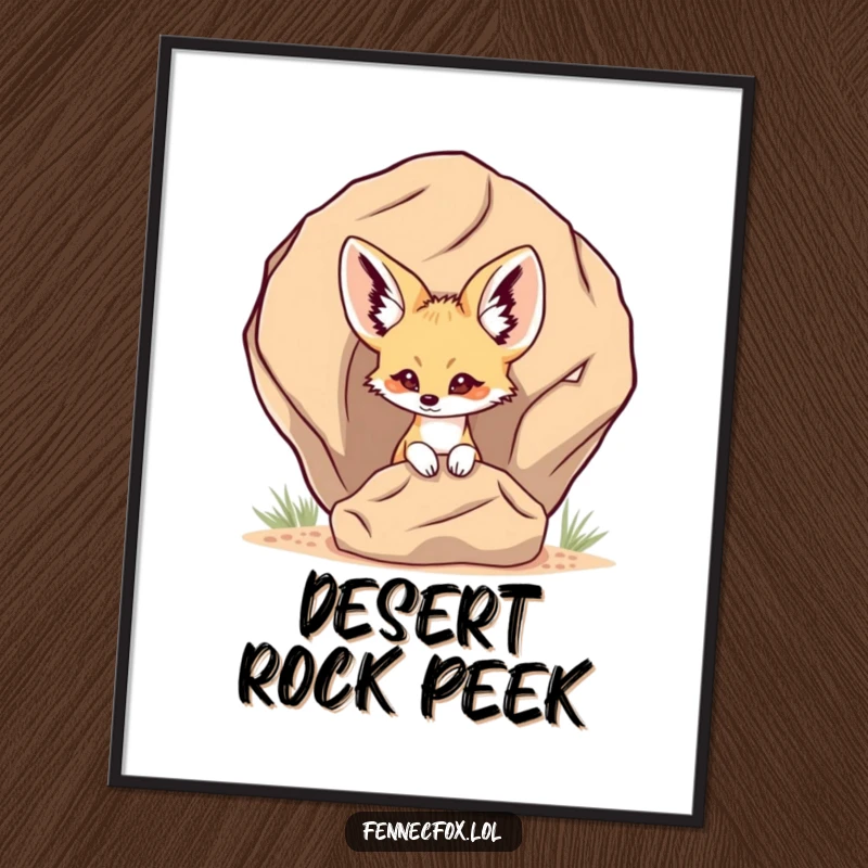 Funny Fennec Fox Poster with a fennec fox playfully peeking from behind a desert rock, creating a sense of fun and intrigue.