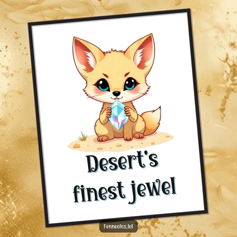 Funny Fennec Fox Poster: A delightful illustration of a fennec fox holding up a bright, shimmering gemstone found in the desert sand.