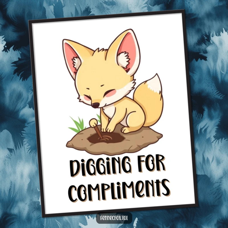 Funny fennec fox poster showing a character digging a shallow hole, conveying a sense of playful exploration.